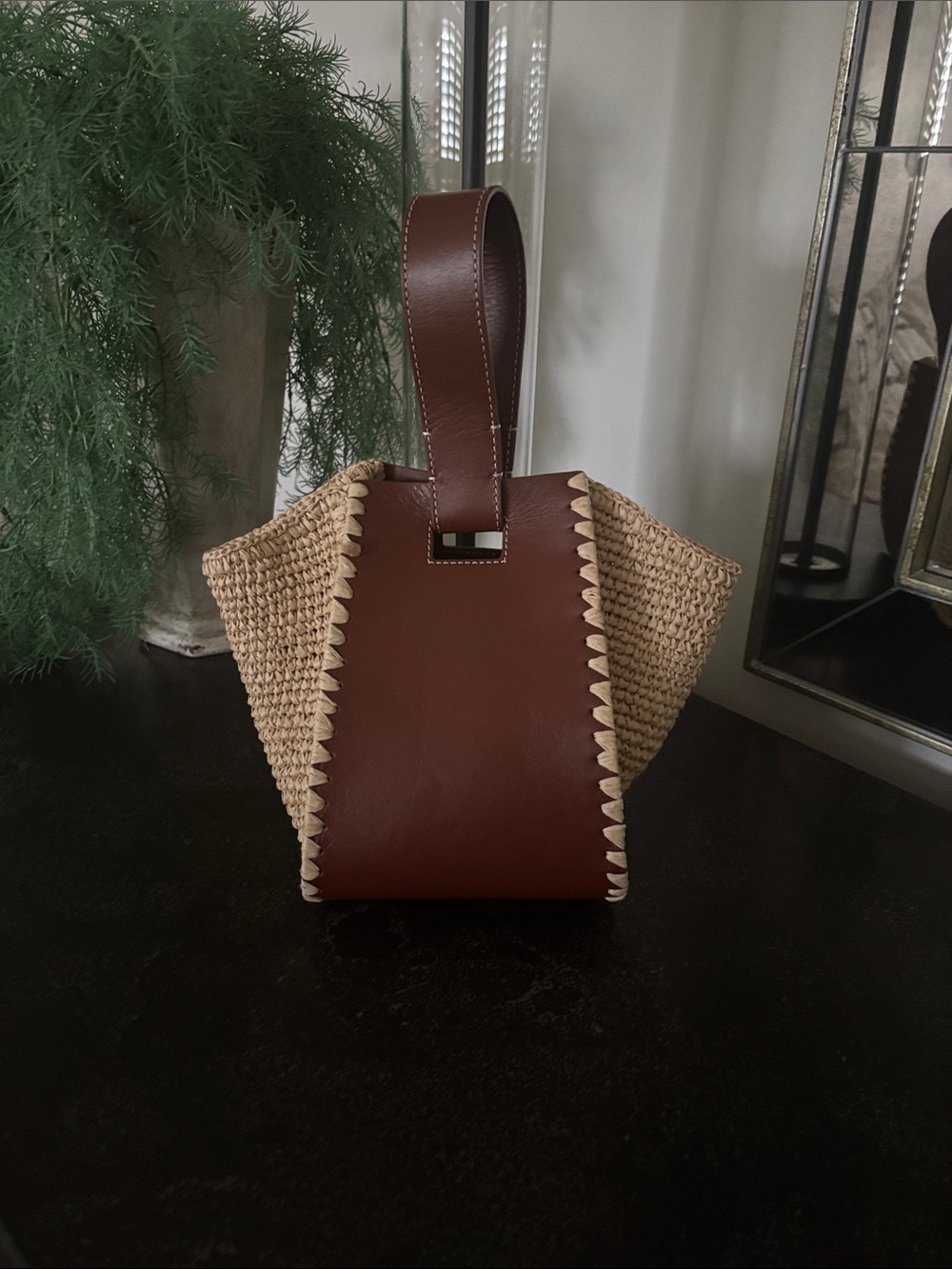 J. Crew Tan Straw Mini Bag with Brown Leather Trim
